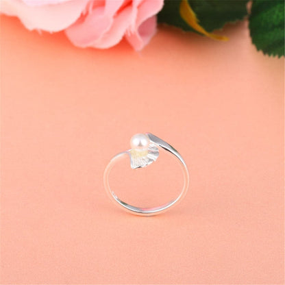 Pearl & Silvertone Ginkgo Leaf Bypass Ring