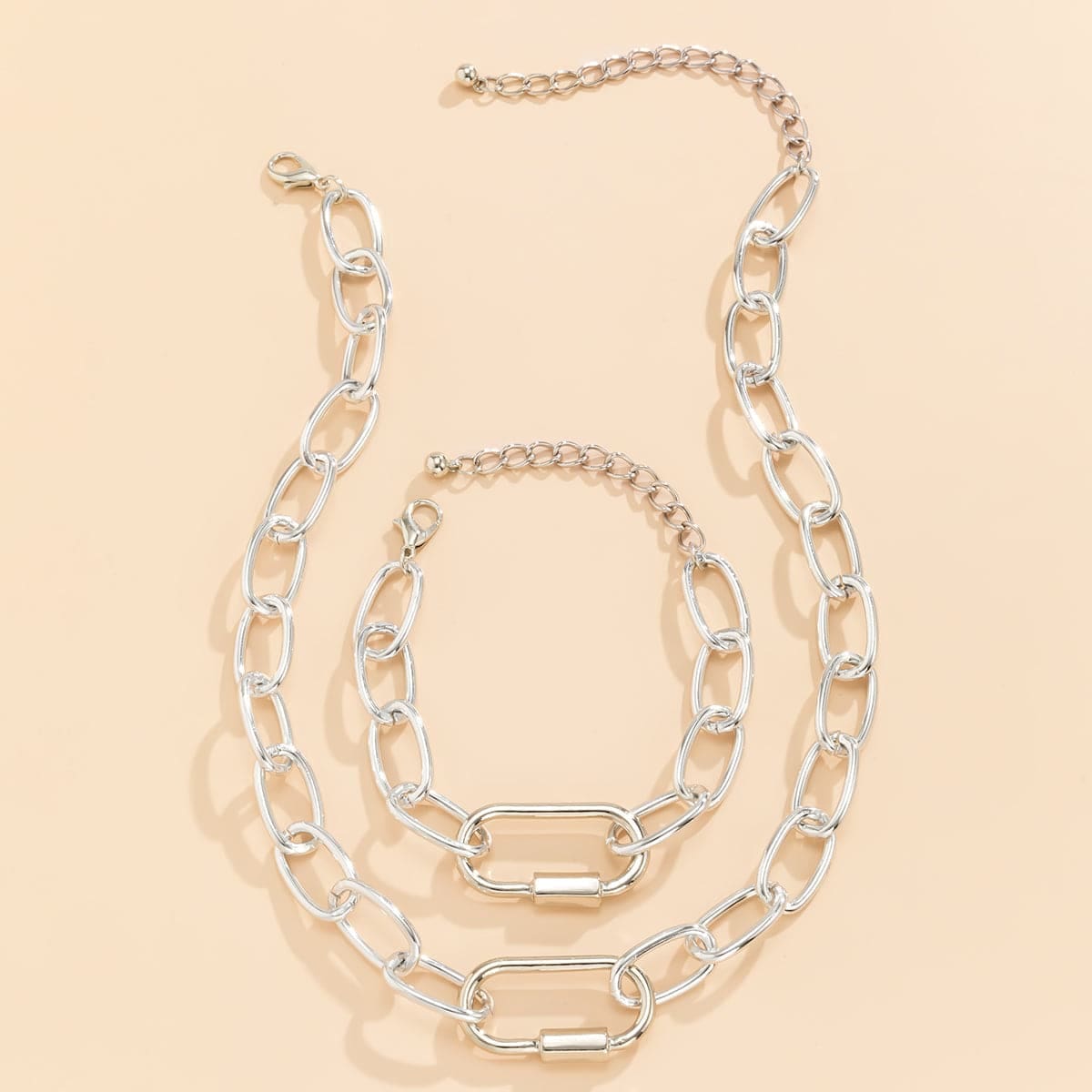 Silvertone Chunky Cable Chain & Bracelet Set