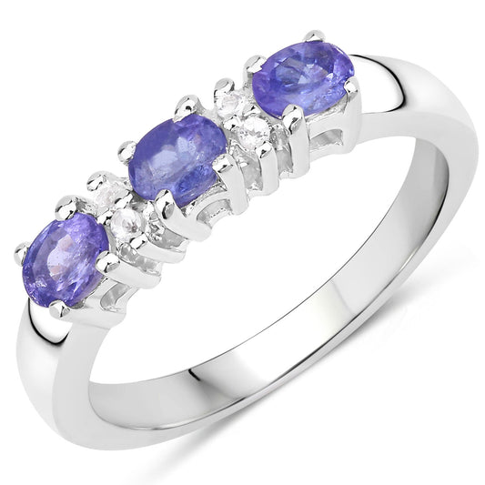 0.57 Cttw Oval Violet Tanzanite Rhodium over Silver Three Stone Ring