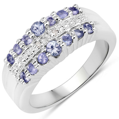 0.57 Cttw Round Violet Tanzanite and Diamond Rhodium over Silver Multi Row Wide Band Ring