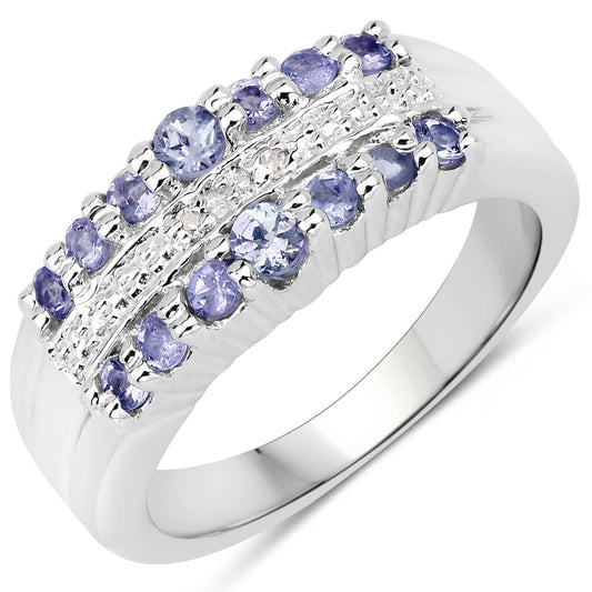 0.57 Cttw Round Violet Tanzanite and Diamond Rhodium over Silver Multi Row Wide Band Ring