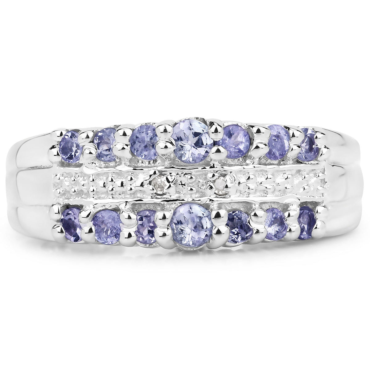 0.57 Cttw Round Violet Tanzanite and Diamond Rhodium over Silver Multi Row Wide Band Ring