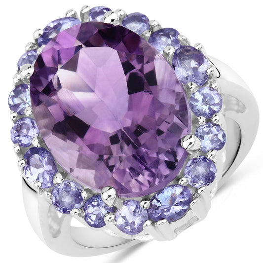 9.72 Cttw Oval Purple Amethyst and Tanzanite Rhodium over Silver Halo Cocktail Ring