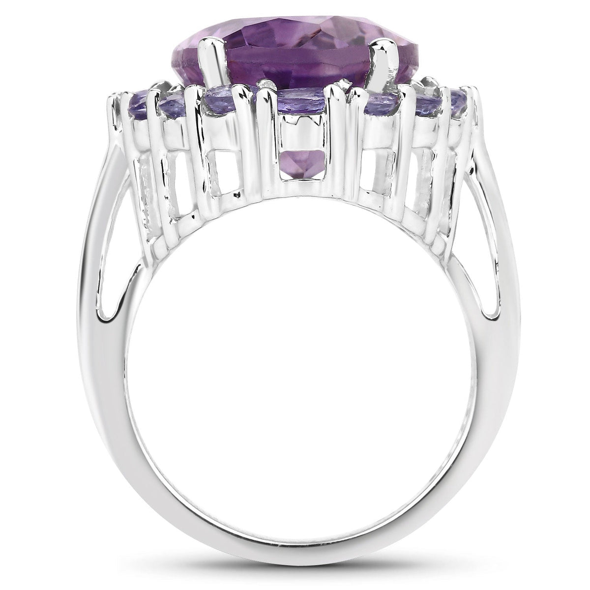 9.72 Cttw Oval Purple Amethyst and Tanzanite Rhodium over Silver Halo Cocktail Ring