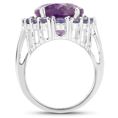 9.72 Cttw Oval Purple Amethyst and Tanzanite Rhodium over Silver Halo Cocktail Ring