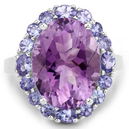 9.72 Cttw Oval Purple Amethyst and Tanzanite Rhodium over Silver Halo Cocktail Ring