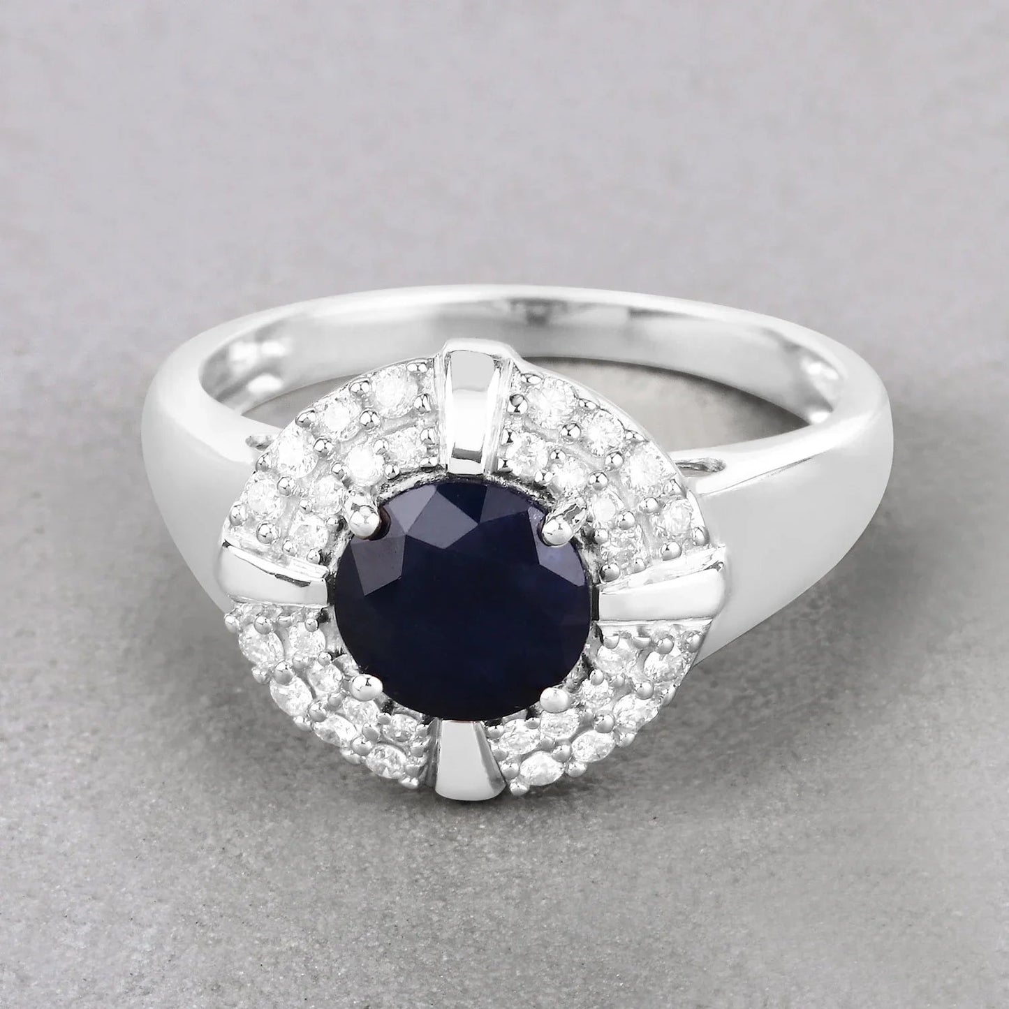 1.48 Ct Round Blue Sapphire Diamond Prong 10k Gold Halo Statement Ring