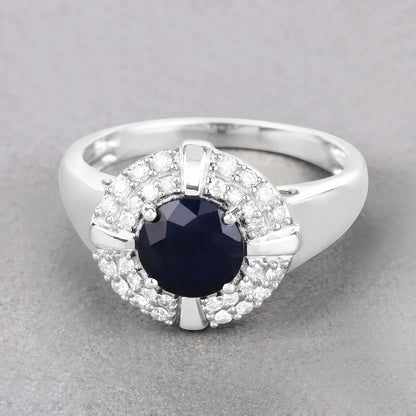 1.48 Ct Round Blue Sapphire Diamond Prong 10k Gold Halo Statement Ring