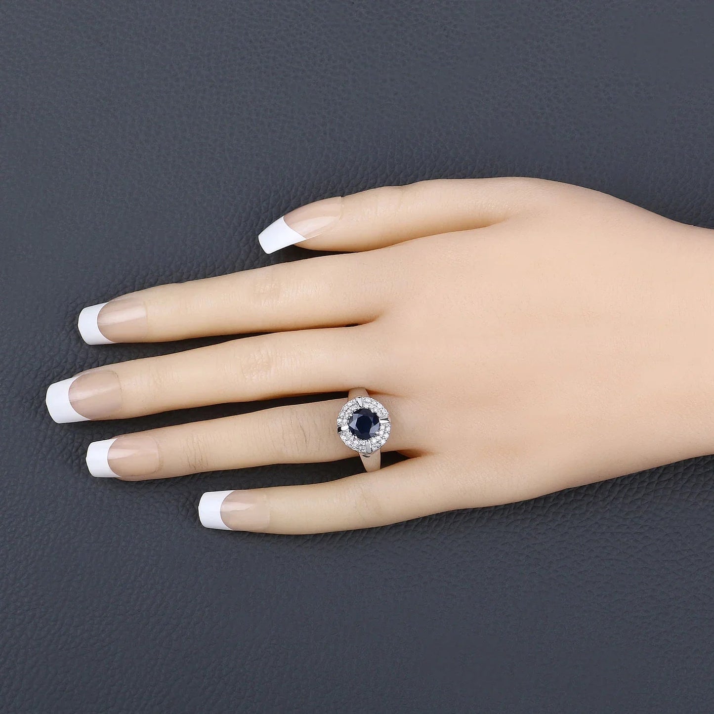 1.48 Ct Round Blue Sapphire Diamond Prong 10k Gold Halo Statement Ring