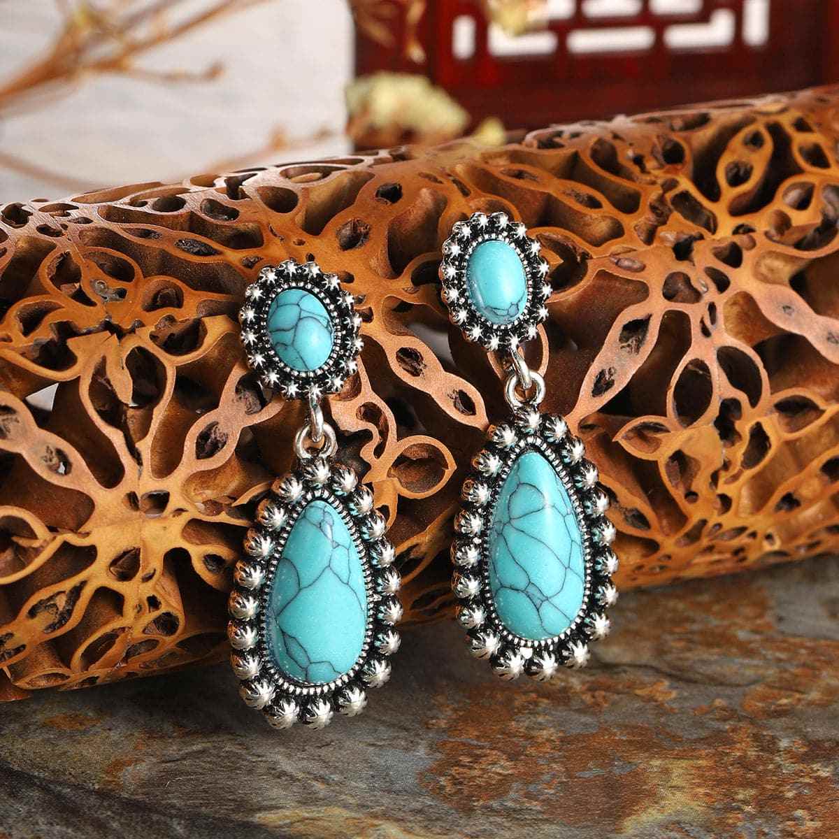 Turquoise & Silvertone Drop Earrings-1