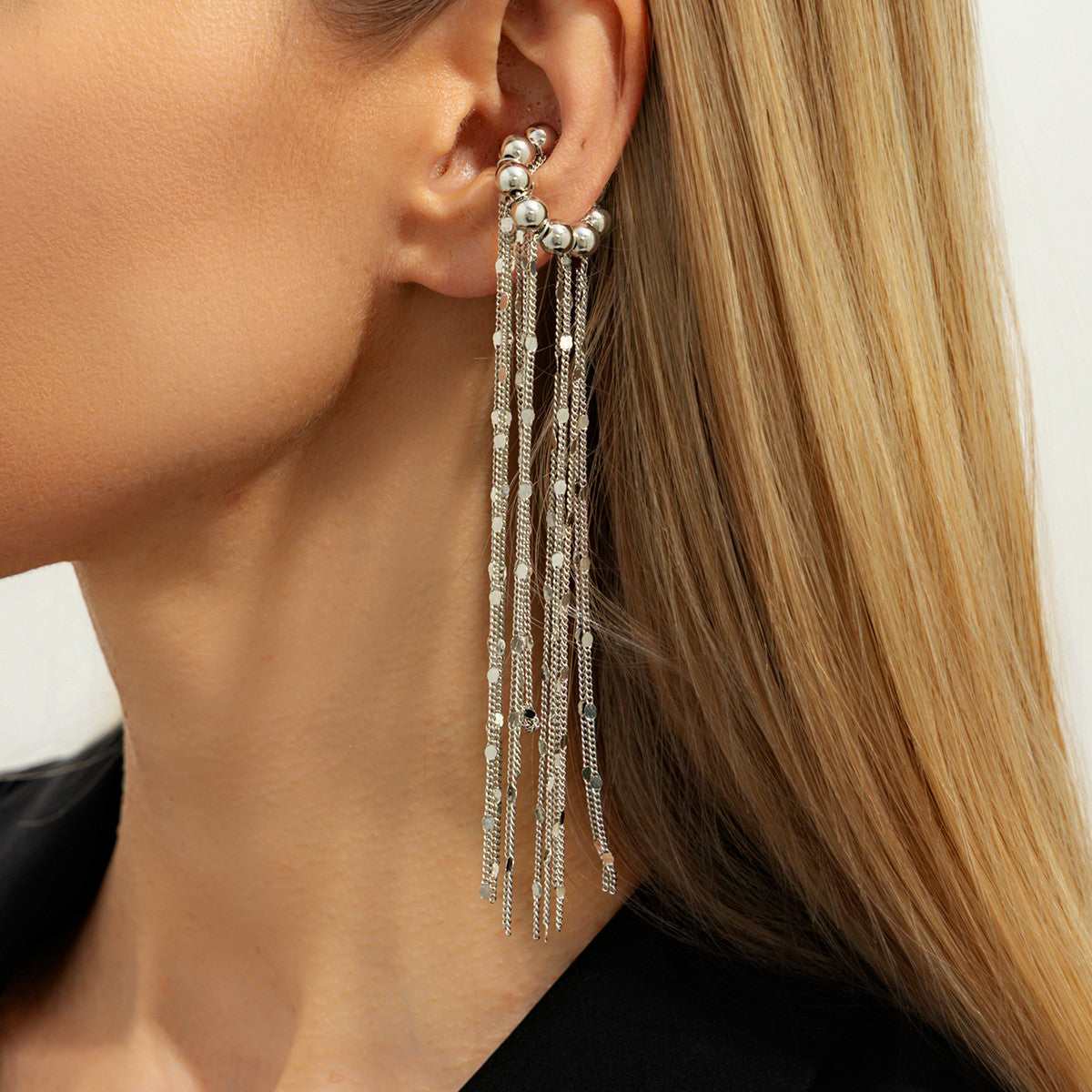 Silvertone Beaded Sequin Tassel Ear Cuff