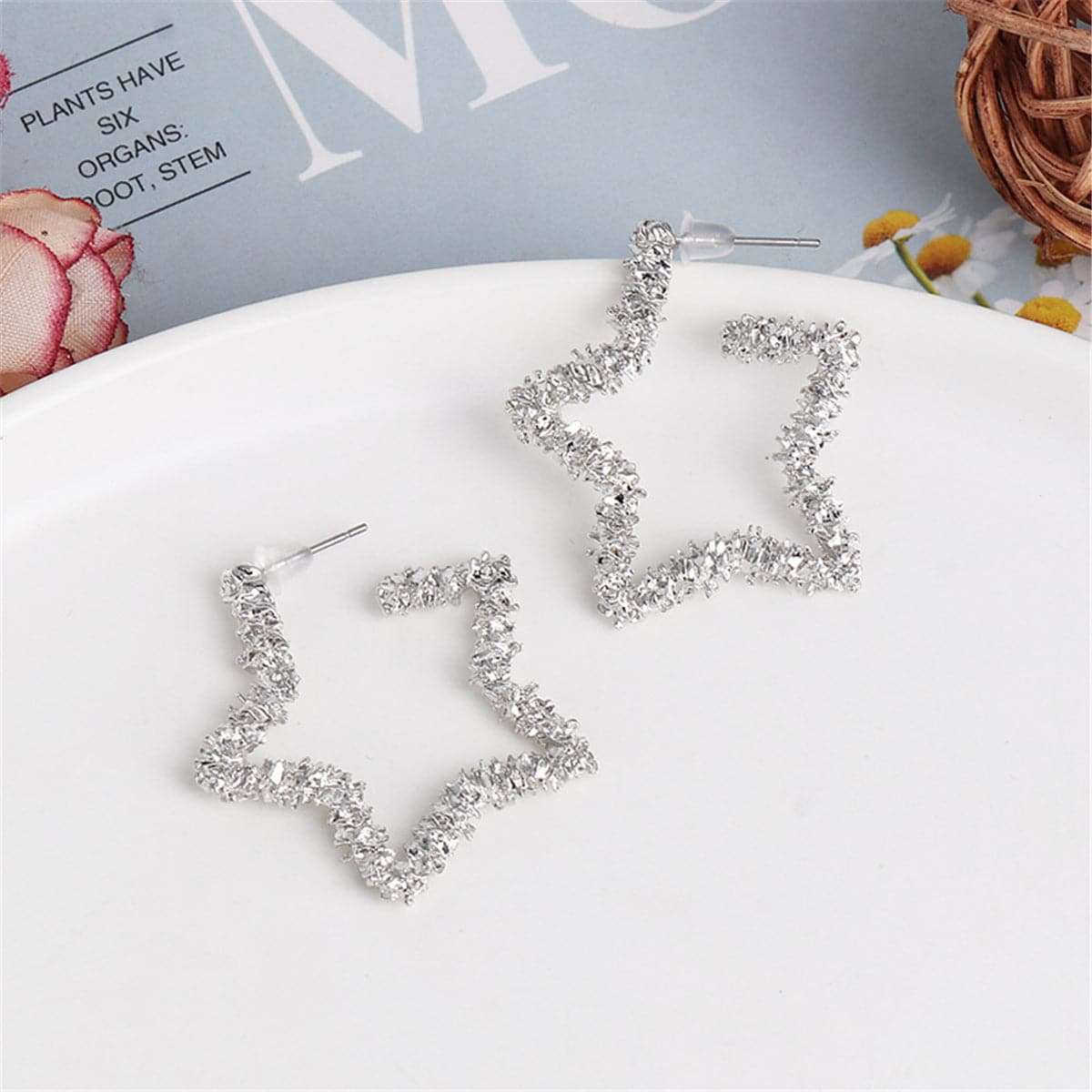 Silvertone Geometric Star Hoop Earrings
