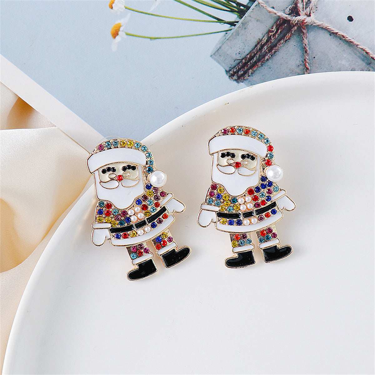 Jewel-Tone Cubic Zirconia & Pearl Santa Stud Earrings