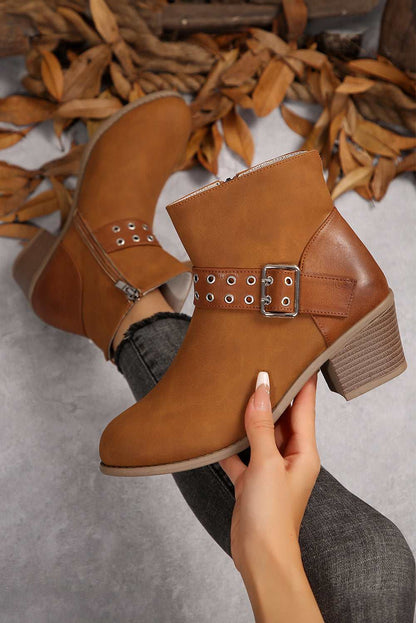Threaded Pear Eyelet Buckled Ankle Boots