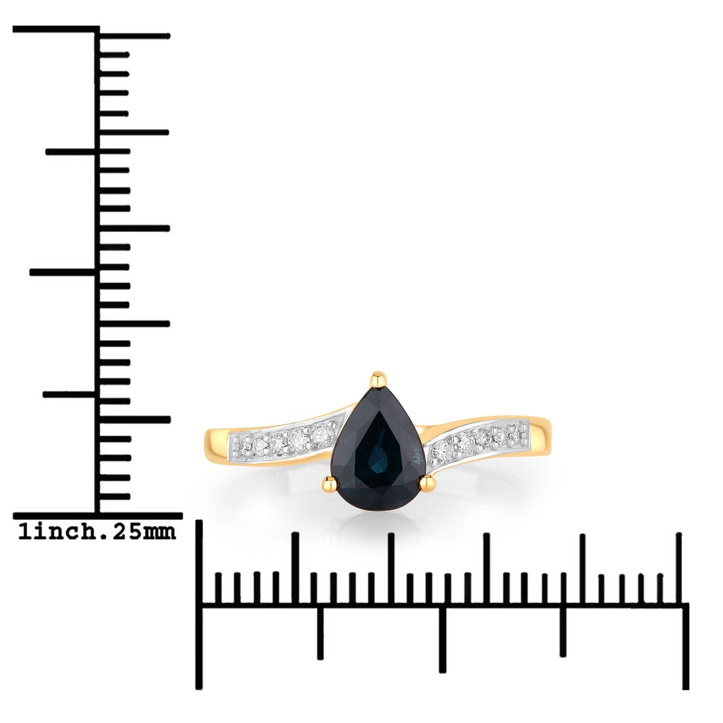 0.89ct Pear Blue Sapphire and White Diamond Prong 14K Yellow Gold Bypass Pave Band Ring