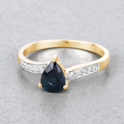 0.89ct Pear Blue Sapphire and White Diamond Prong 14K Yellow Gold Bypass Pave Band Ring