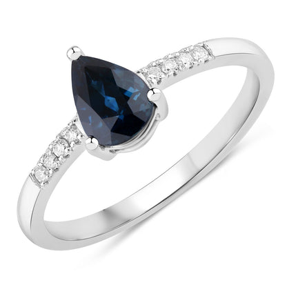0.86ct Pear Blue Sapphire and Diamond Prong Bridge 14K White Gold Teardrop Pave Band Ring