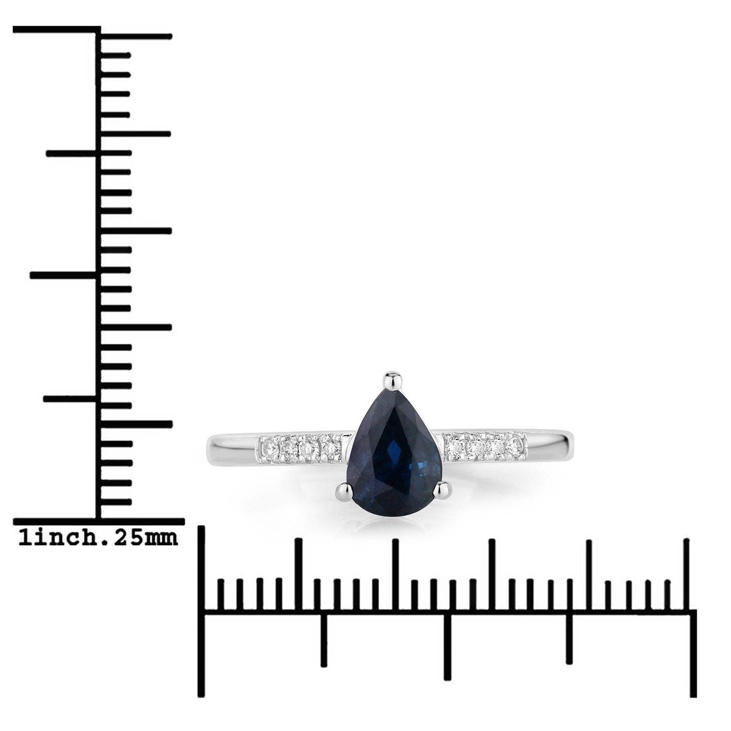 0.86ct Pear Blue Sapphire and Diamond Prong Bridge 14K White Gold Teardrop Pave Band Ring