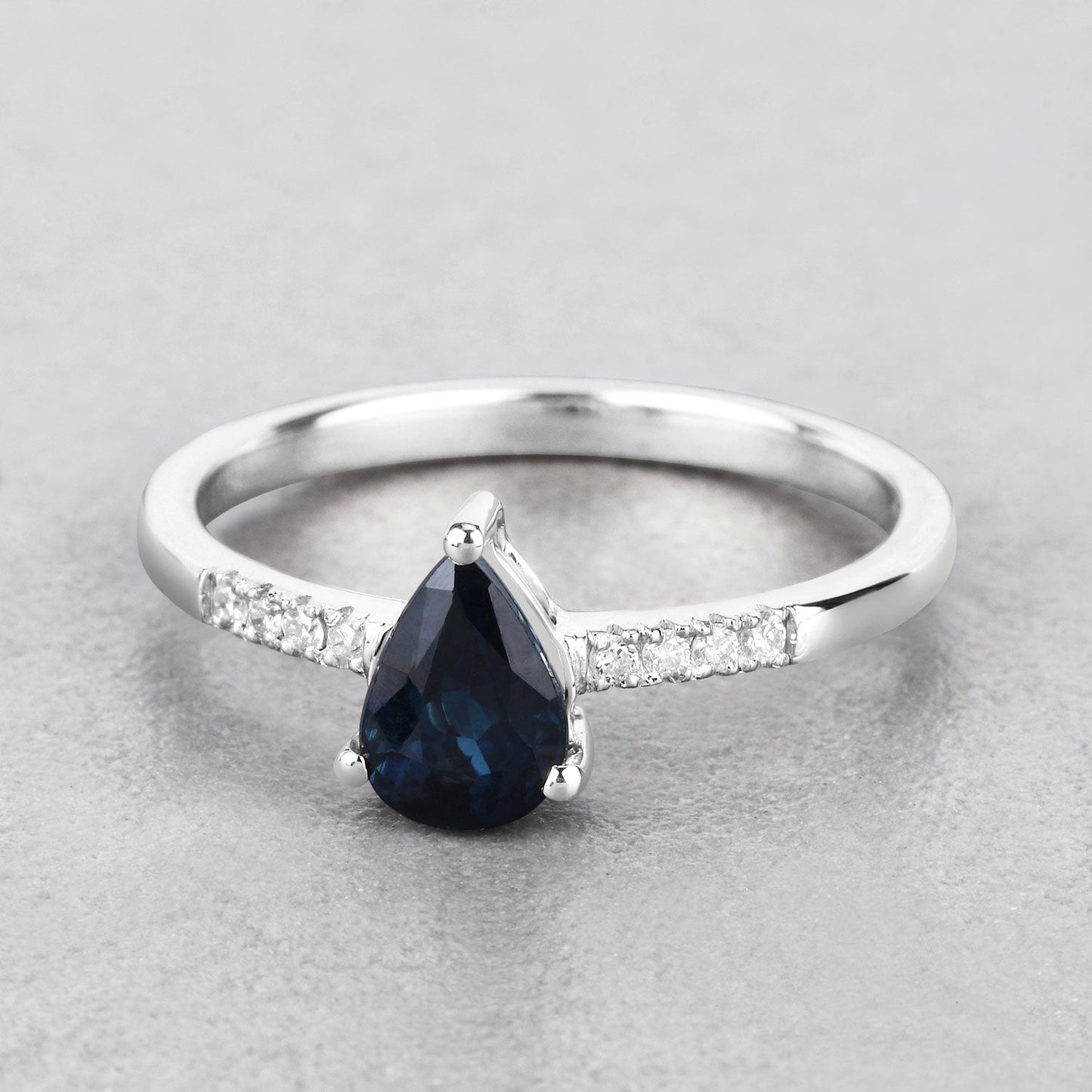 0.86ct Pear Blue Sapphire and Diamond Prong Bridge 14K White Gold Teardrop Pave Band Ring