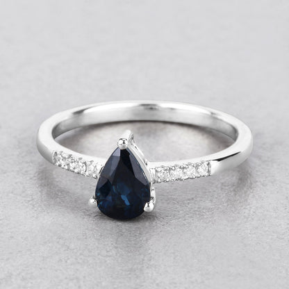 0.86ct Pear Blue Sapphire and Diamond Prong Bridge 14K White Gold Teardrop Pave Band Ring