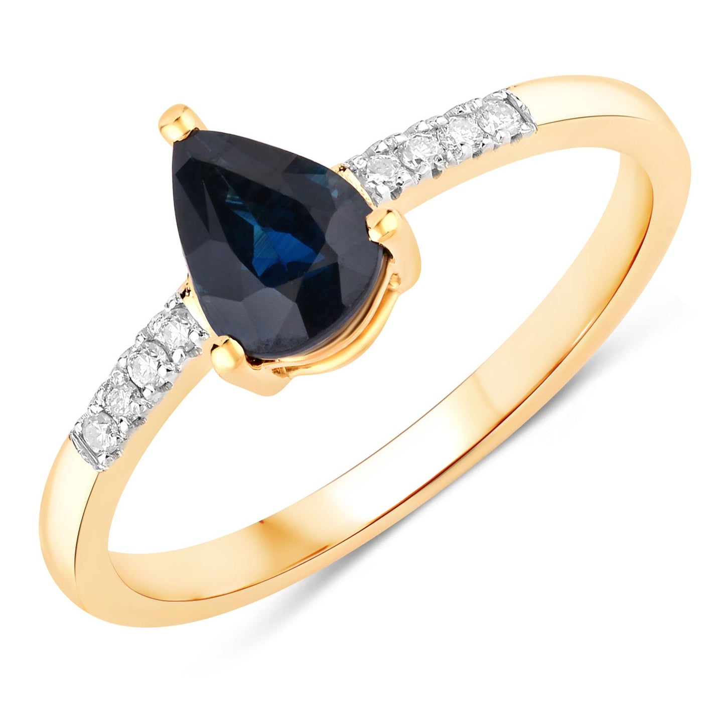 0.86ct Pear Blue Sapphire and Diamond Prong 14K Yellow Gold Teardrop Pave Band Ring