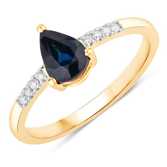 0.86ct Pear Blue Sapphire and Diamond Prong 14K Yellow Gold Teardrop Pave Band Ring