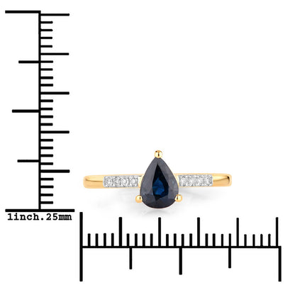0.86ct Pear Blue Sapphire and Diamond Prong 14K Yellow Gold Teardrop Pave Band Ring