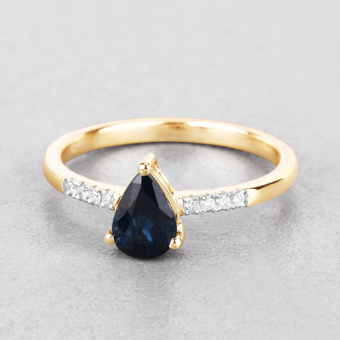 0.86ct Pear Blue Sapphire and Diamond Prong 14K Yellow Gold Teardrop Pave Band Ring