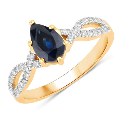 1.14ct Pear Blue Sapphire and Diamond Prong 14K Yellow Gold Crossover Engagement Ring