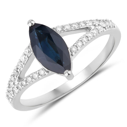 1.49ct Marquise Blue Sapphire and Diamond Prong 14K White Gold Split-Shank Band Engagement Ring