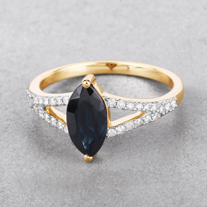 1.50ct Marquise Blue Sapphire and Diamond Prong 14K Yellow Gold Split-Shank Band Engagement Ring