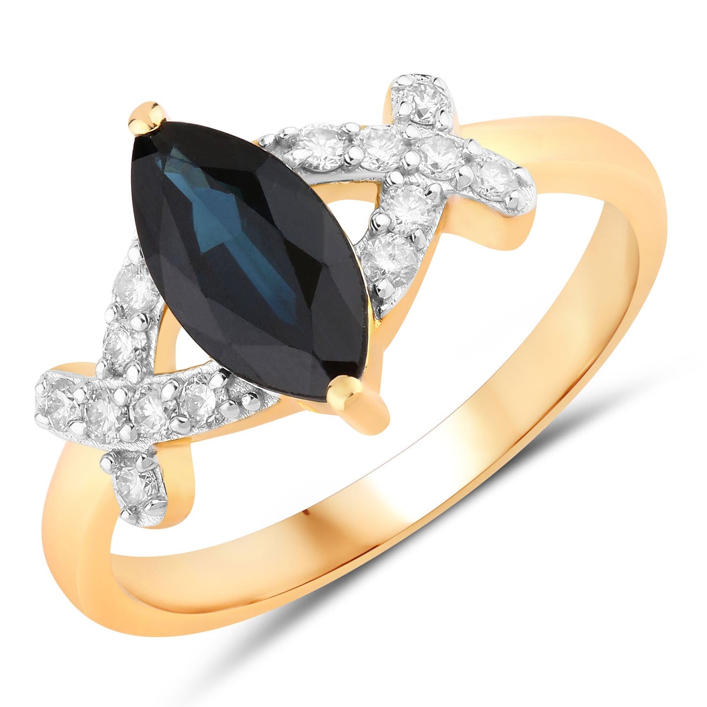 1.50ct Marquise Blue Sapphire and White Diamond Prong 14K Yellow Gold Criss-Cross Ring