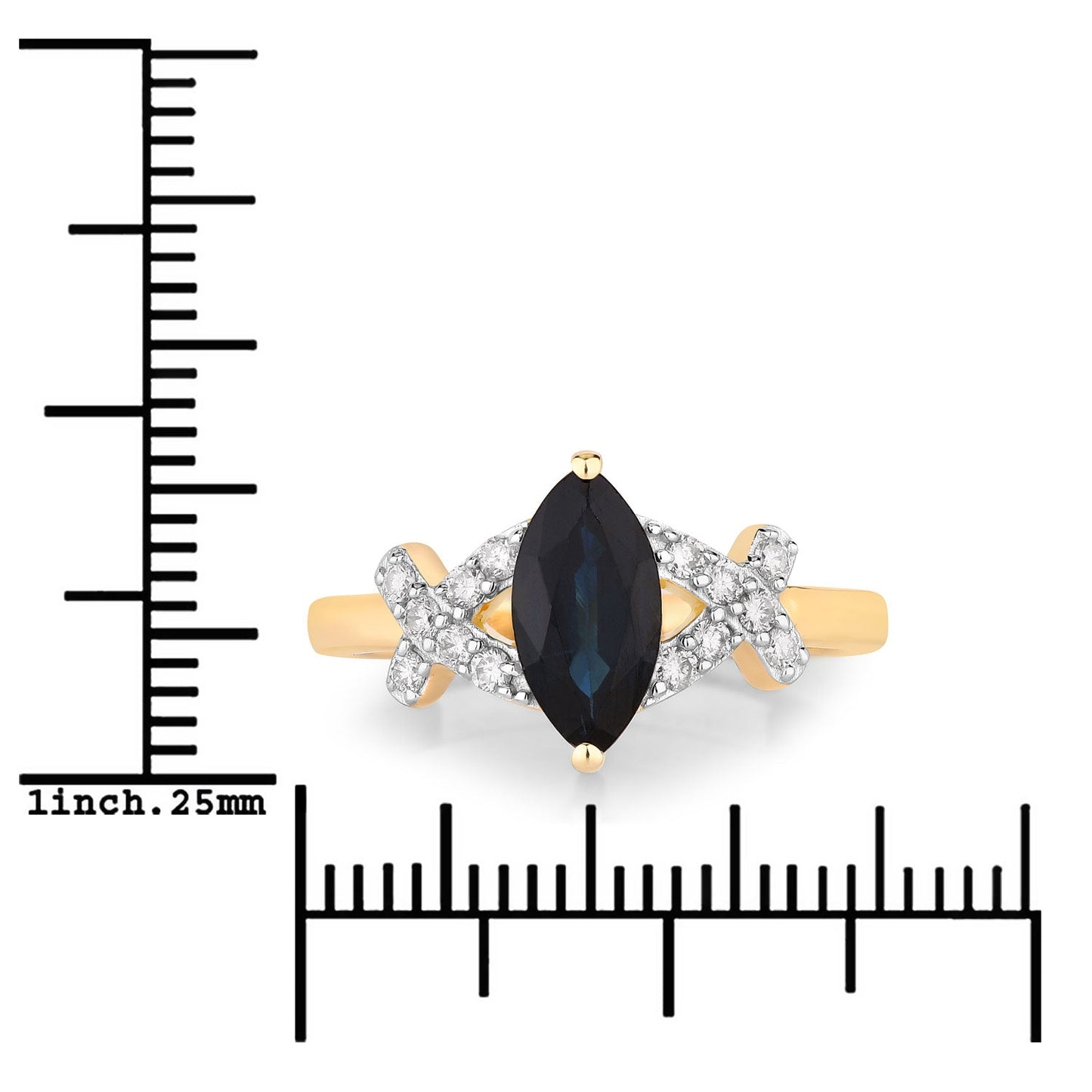 1.50ct Marquise Blue Sapphire and White Diamond Prong 14K Yellow Gold Criss-Cross Ring