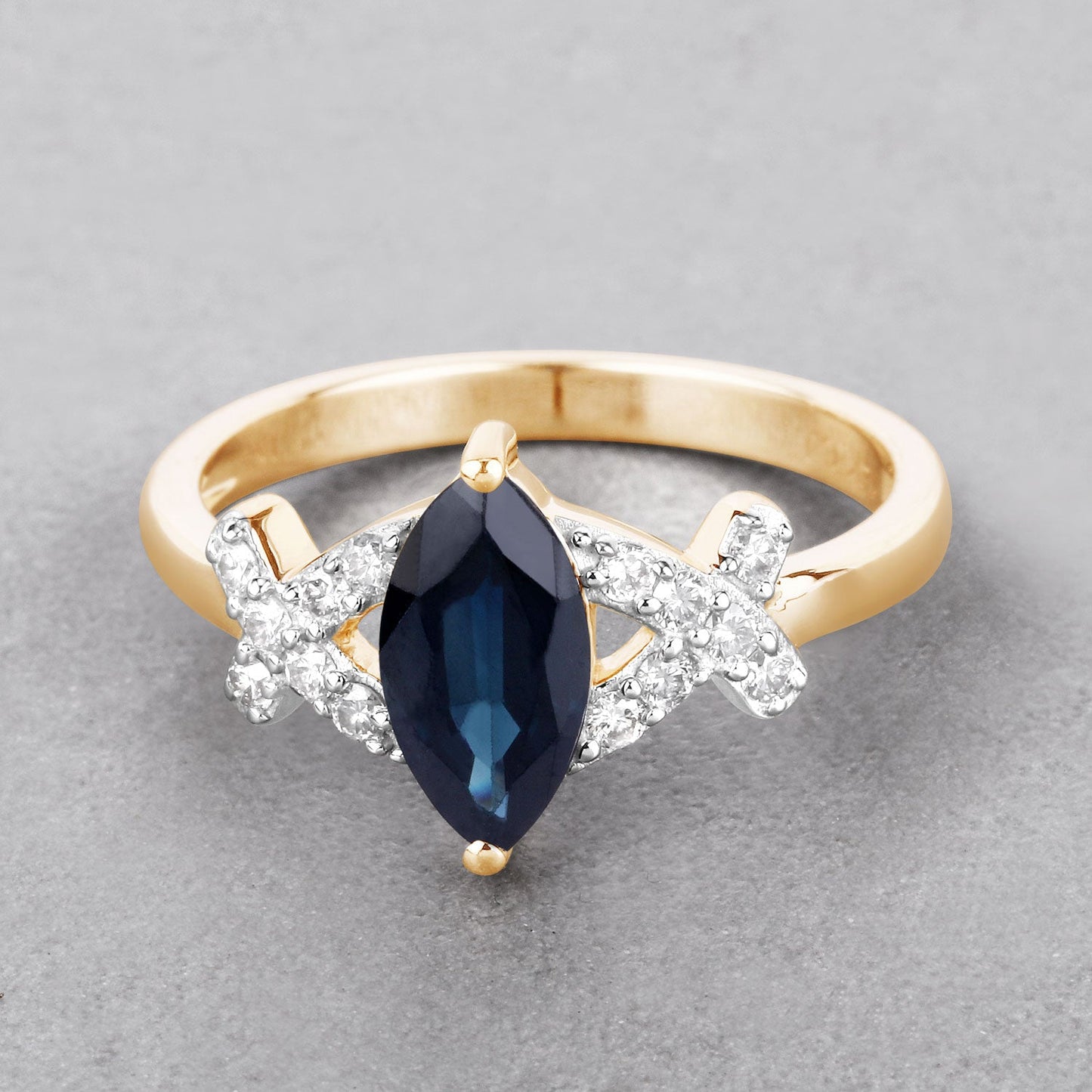 1.50ct Marquise Blue Sapphire and White Diamond Prong 14K Yellow Gold Criss-Cross Ring