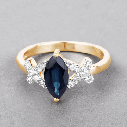 1.50ct Marquise Blue Sapphire and White Diamond Prong 14K Yellow Gold Criss-Cross Ring