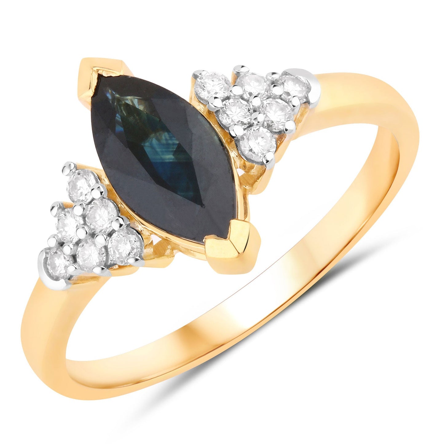 1.47ct Marquise Blue Sapphire and White Diamond Prong 14K Yellow Gold Cocktail Ring