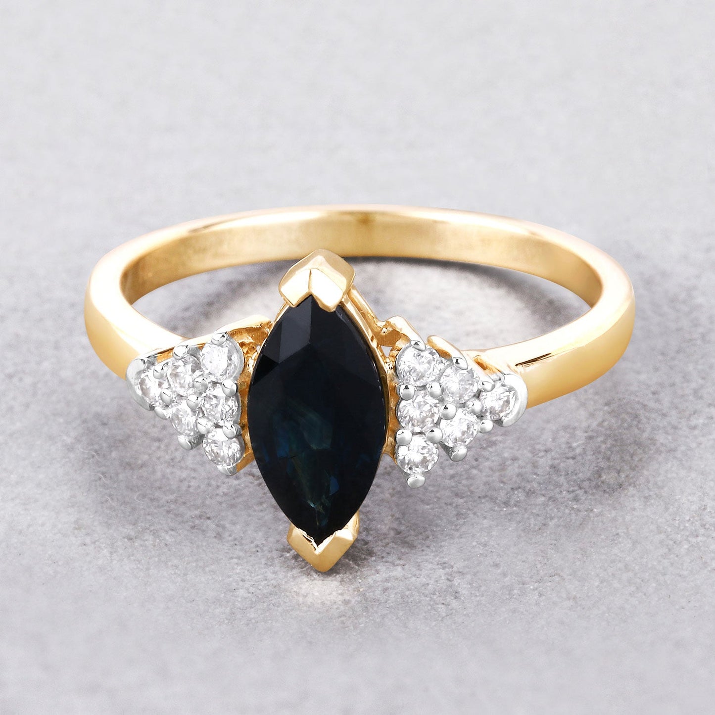 1.47ct Marquise Blue Sapphire and White Diamond Prong 14K Yellow Gold Cocktail Ring
