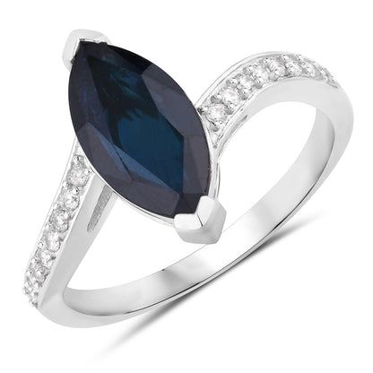 2.26ct Marquise Blue Sapphire and White Diamond Prong 14K White Gold Bypass Engagement Ring