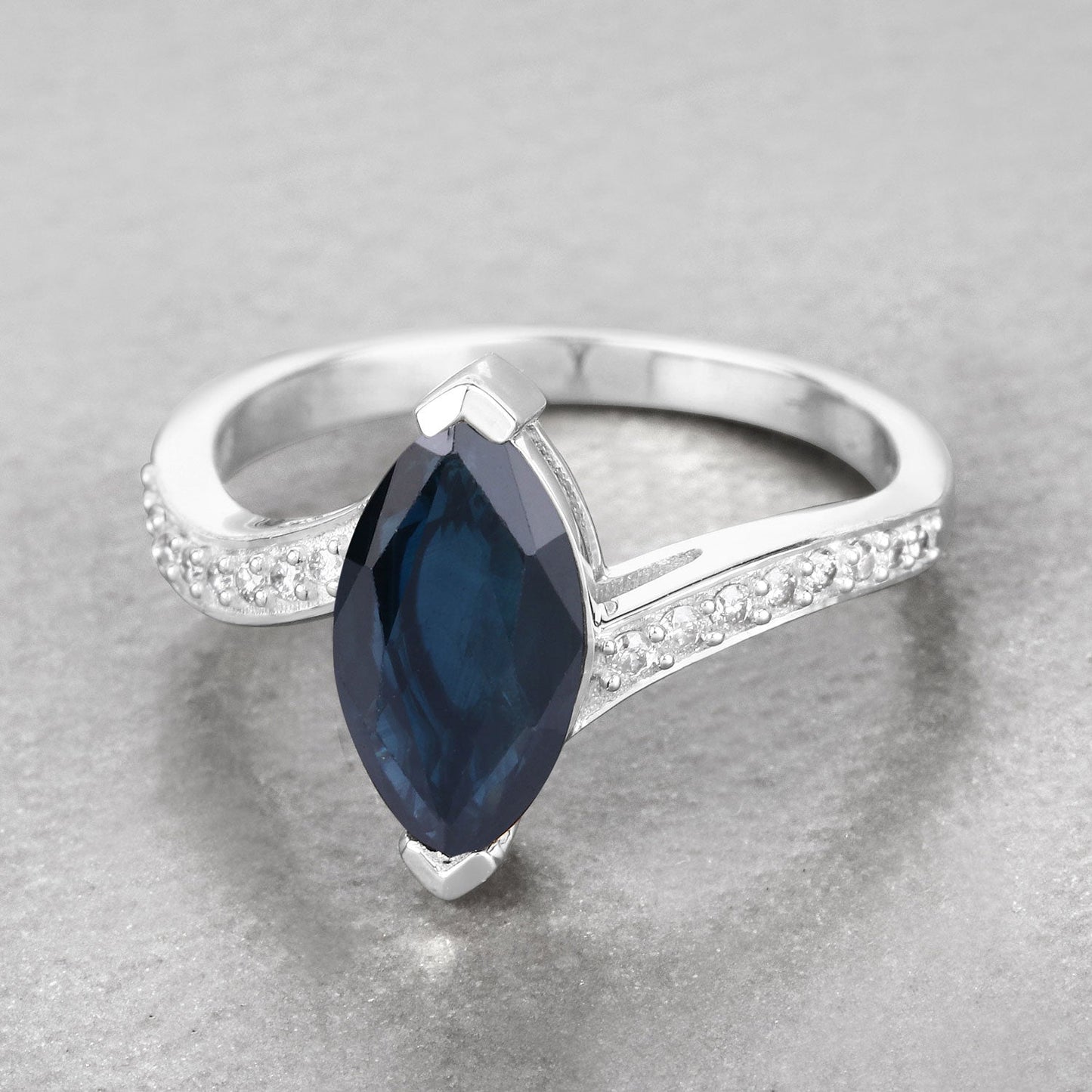 2.26ct Marquise Blue Sapphire and White Diamond Prong 14K White Gold Bypass Engagement Ring