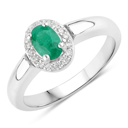 0.44 Ct Oval Green Zambian Emerald & Lab Grown Diamond Prong Silver Halo Engagement Ring