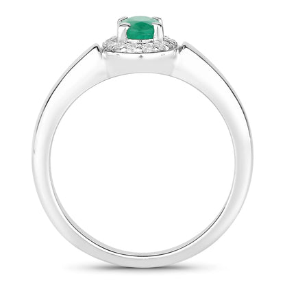 0.44 Ct Oval Green Zambian Emerald & Lab Grown Diamond Prong Silver Halo Engagement Ring
