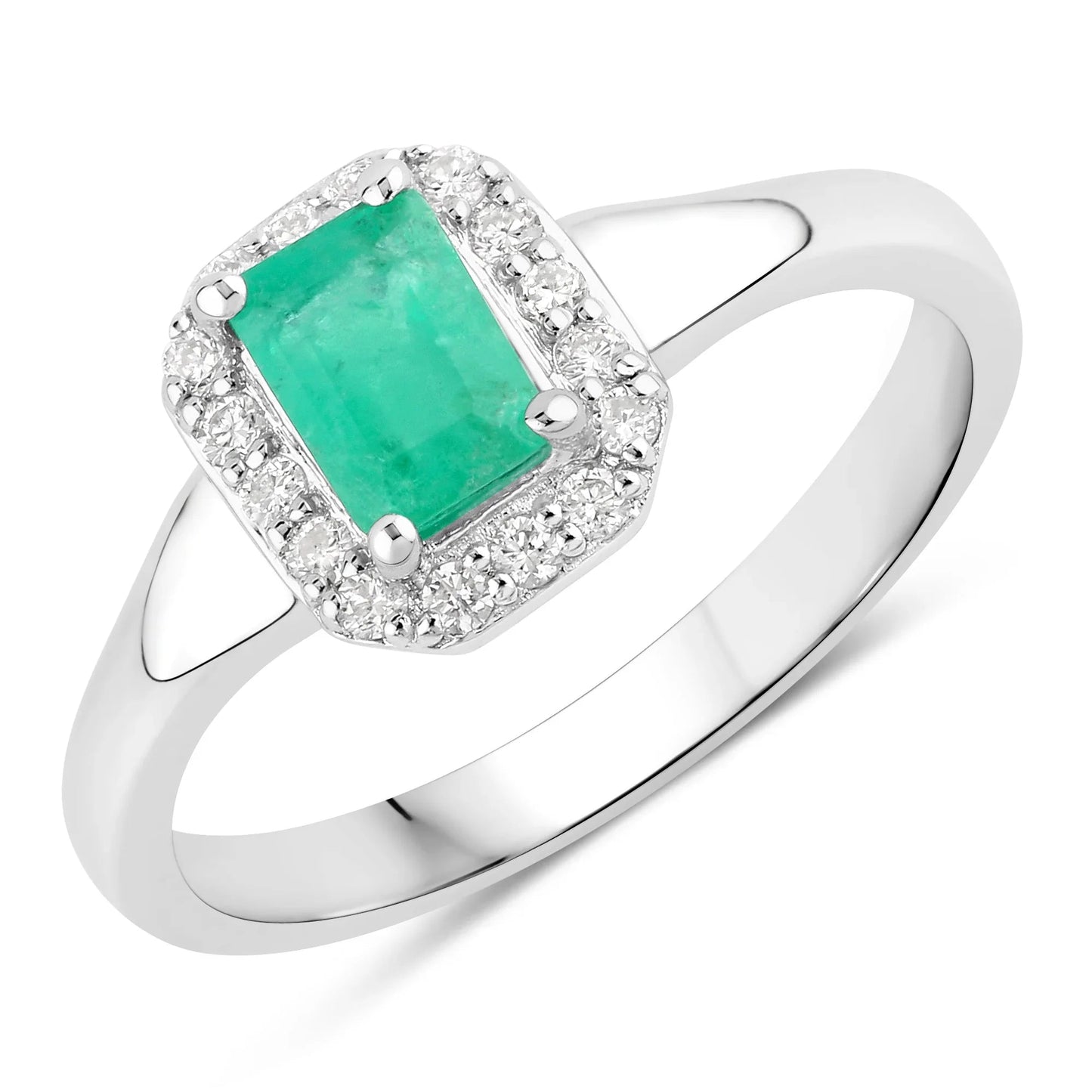 0.55 Ct Octagon Green Zambian Emerald & Lab Grown Diamond Prong Silver Halo Statement Ring