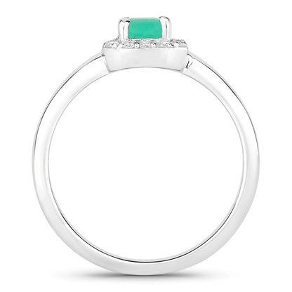 0.55 Ct Octagon Green Zambian Emerald & Lab Grown Diamond Prong Silver Halo Statement Ring