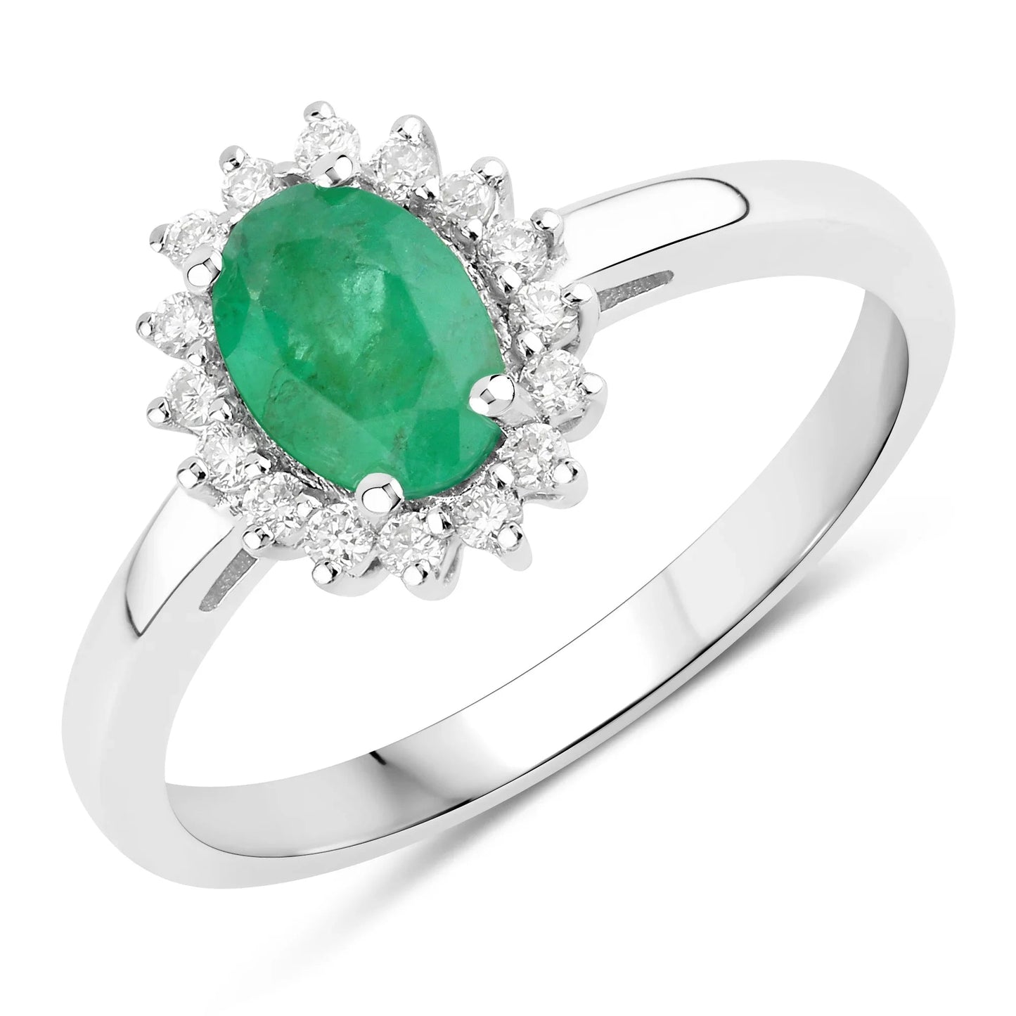 0.72 Ct Oval Green Zambian Emerald & Lab Grown Diamond Prong Silver Halo Engagement Ring