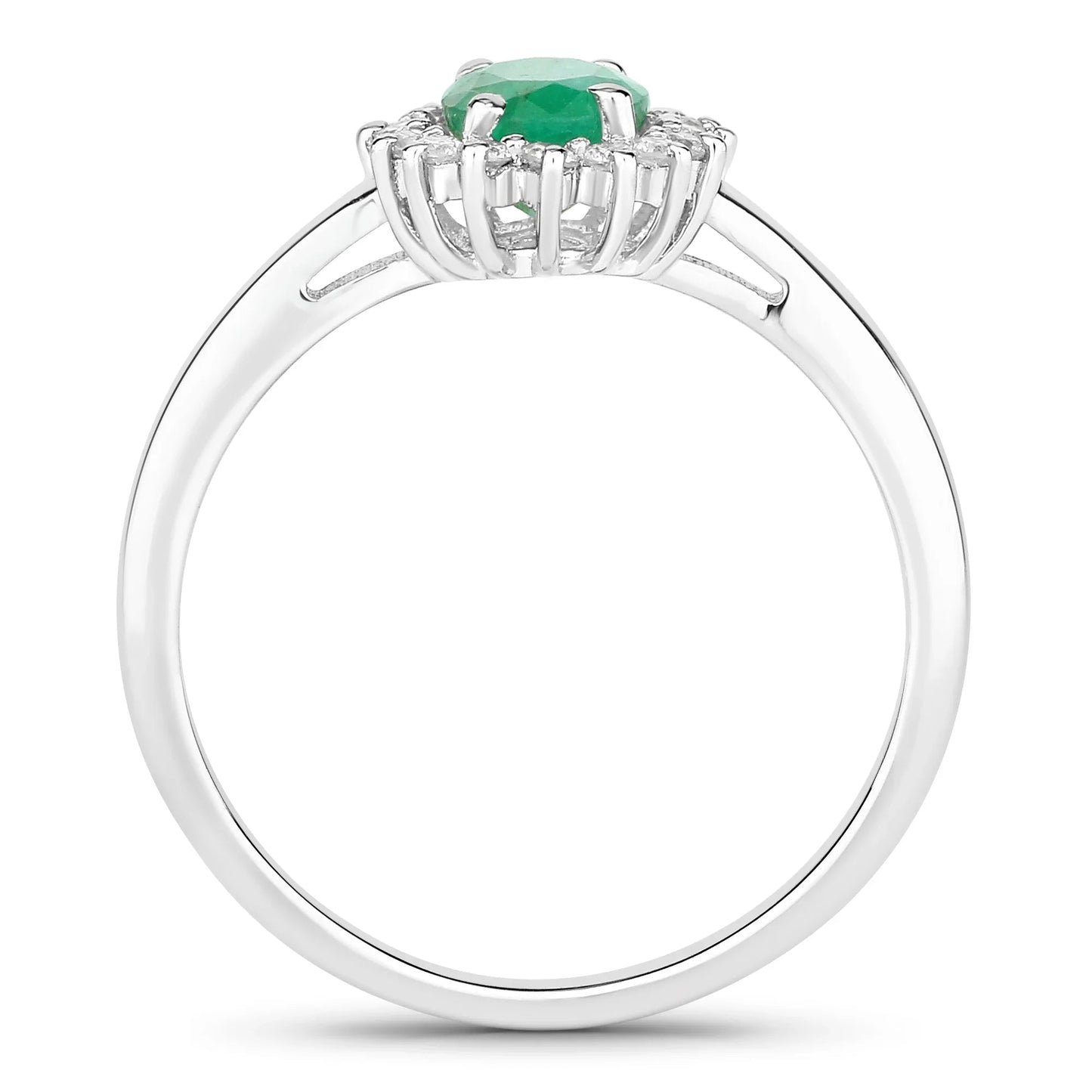 0.72 Ct Oval Green Zambian Emerald & Lab Grown Diamond Prong Silver Halo Engagement Ring
