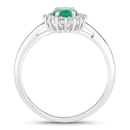 0.72 Ct Oval Green Zambian Emerald & Lab Grown Diamond Prong Silver Halo Engagement Ring