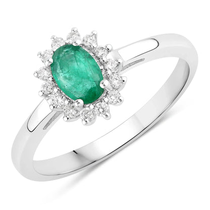 0.44 Ct Oval Green Zambian Emerald & Lab Grown Diamond Prong Silver Halo Ring