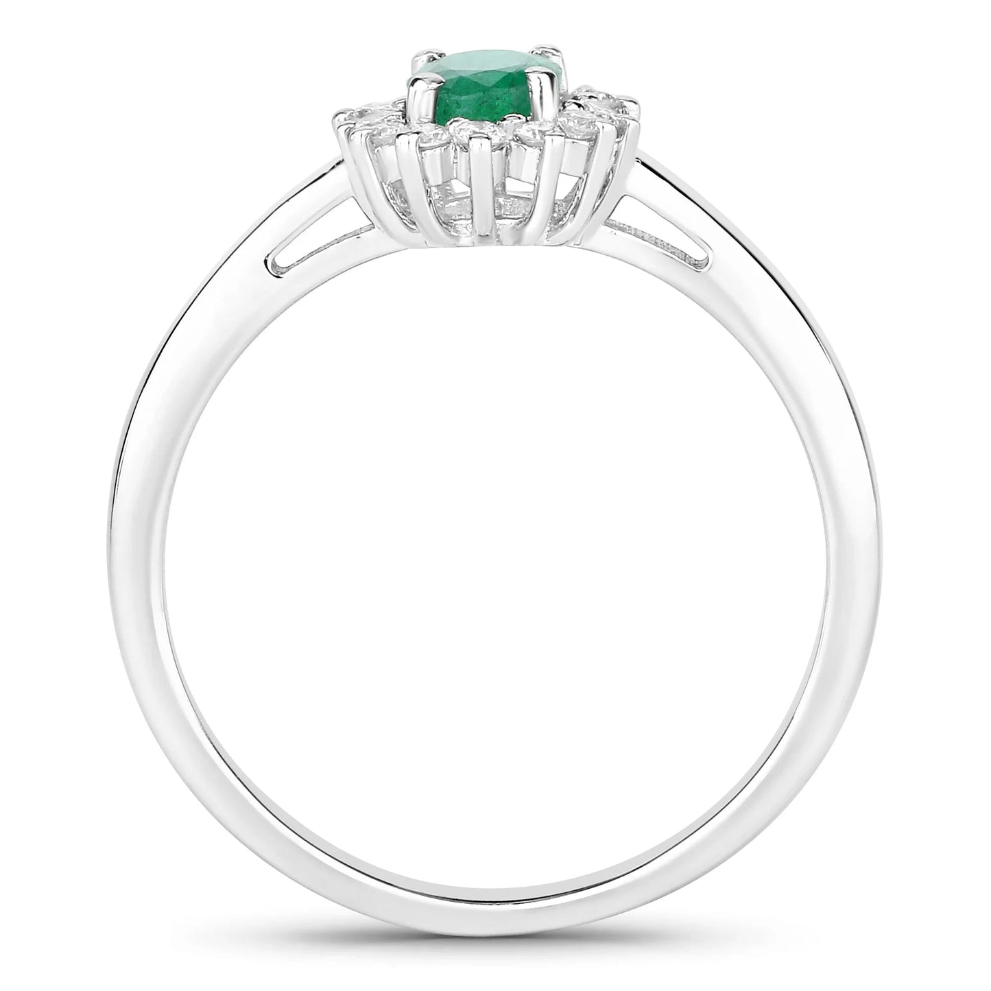 0.44 Ct Oval Green Zambian Emerald & Lab Grown Diamond Prong Silver Halo Ring