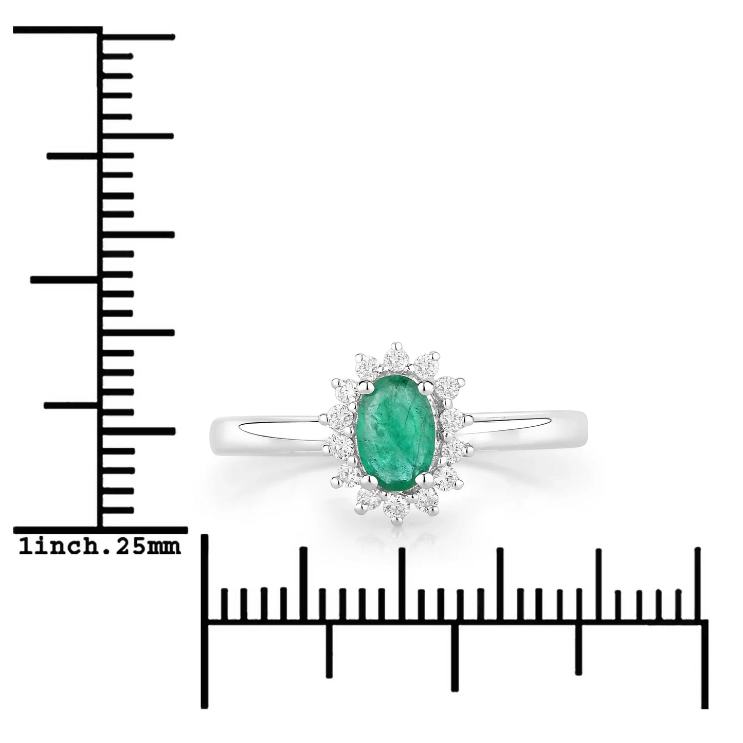 0.44 Ct Oval Green Zambian Emerald & Lab Grown Diamond Prong Silver Halo Ring