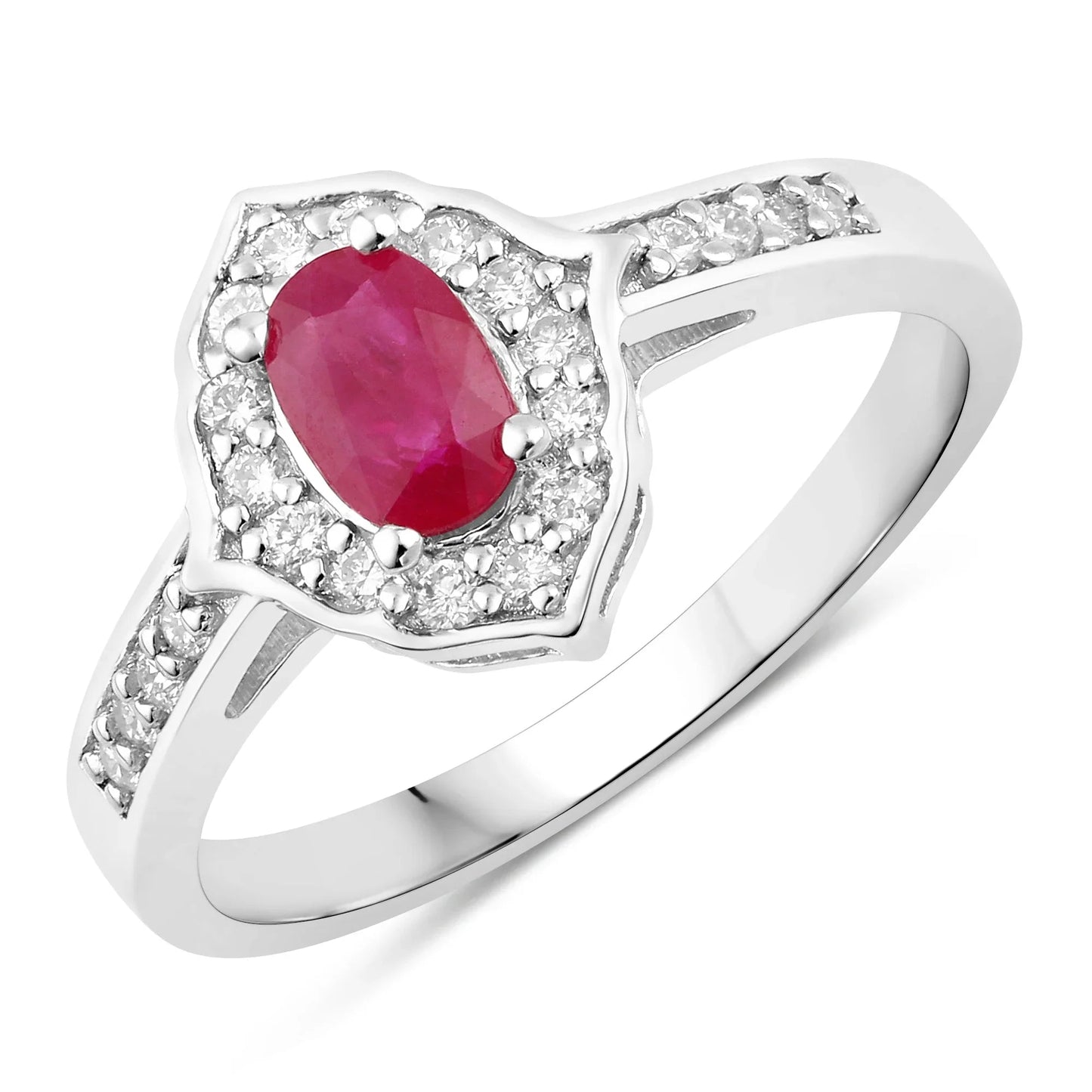 0.52 Ct Oval Pink Ruby & Lab Grown Diamond Prong Silver Halo Pave Band Ring